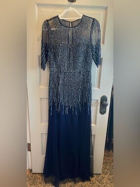 Adrianna Papell Navy Long-Sleeve Beaded Gown